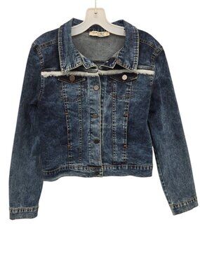 Womens M Jean Jacket Plush Trim Fringe Y2K Glam Denim Trucker Jacket